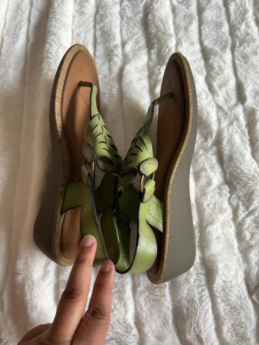 Clarks Olive Green and Brown Leather T-Strap Sandals